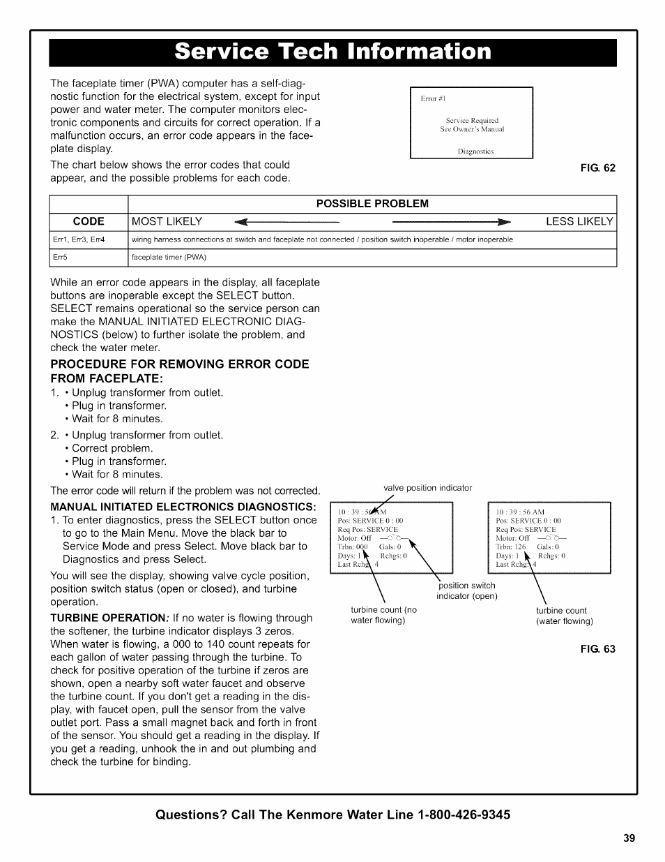 Fig. 62, Possible problem, Code | Procedure for removing error code from faceplate, Fig. 63, Service tech information | Kenmore INTELLISOFT 420 SERIES 625.38426 User Manual | Page 39 / 52