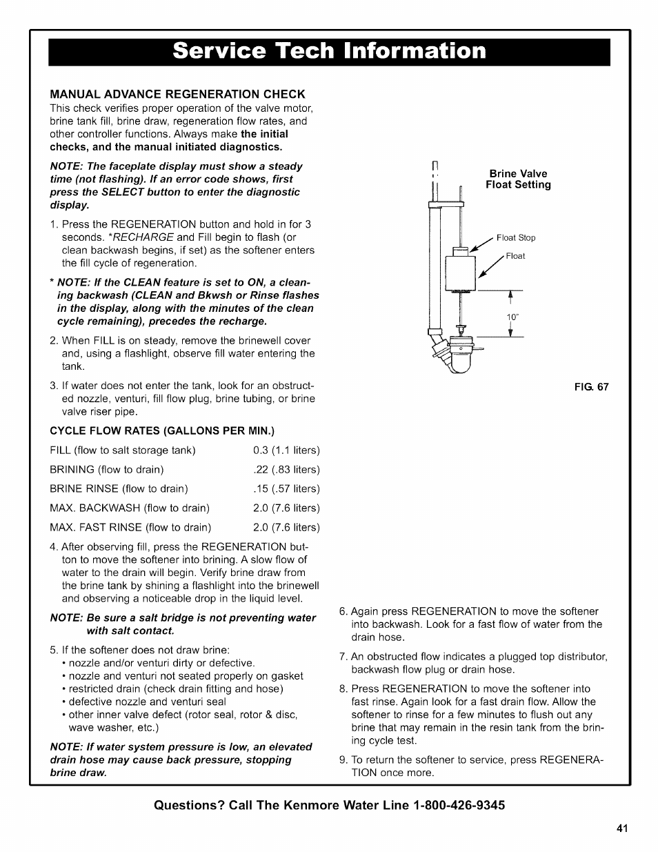 Manual advance regeneration check, Cycle flow rates (gallons per min.), Service tech information | Kenmore INTELLISOFT 420 SERIES 625.38426 User Manual | Page 41 / 52