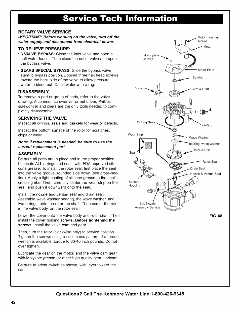 Rotary valve service, To relieve pressure, Disassembly | Servicing the valve, Assembly, Service tech information | Kenmore INTELLISOFT 420 SERIES 625.38426 User Manual | Page 42 / 52