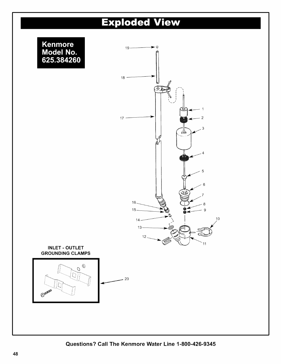 Exploded view, Kenmore model no | Kenmore INTELLISOFT 420 SERIES 625.38426 User Manual | Page 48 / 52