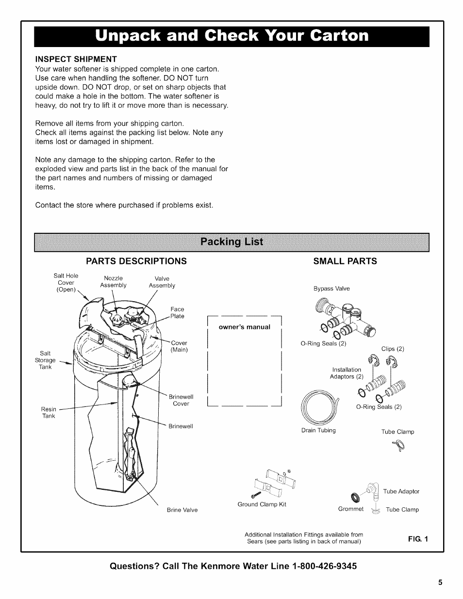 Unpack and check your carton, Inspect shipment, Parts descriptions | Packing list | Kenmore INTELLISOFT 420 SERIES 625.38426 User Manual | Page 5 / 52