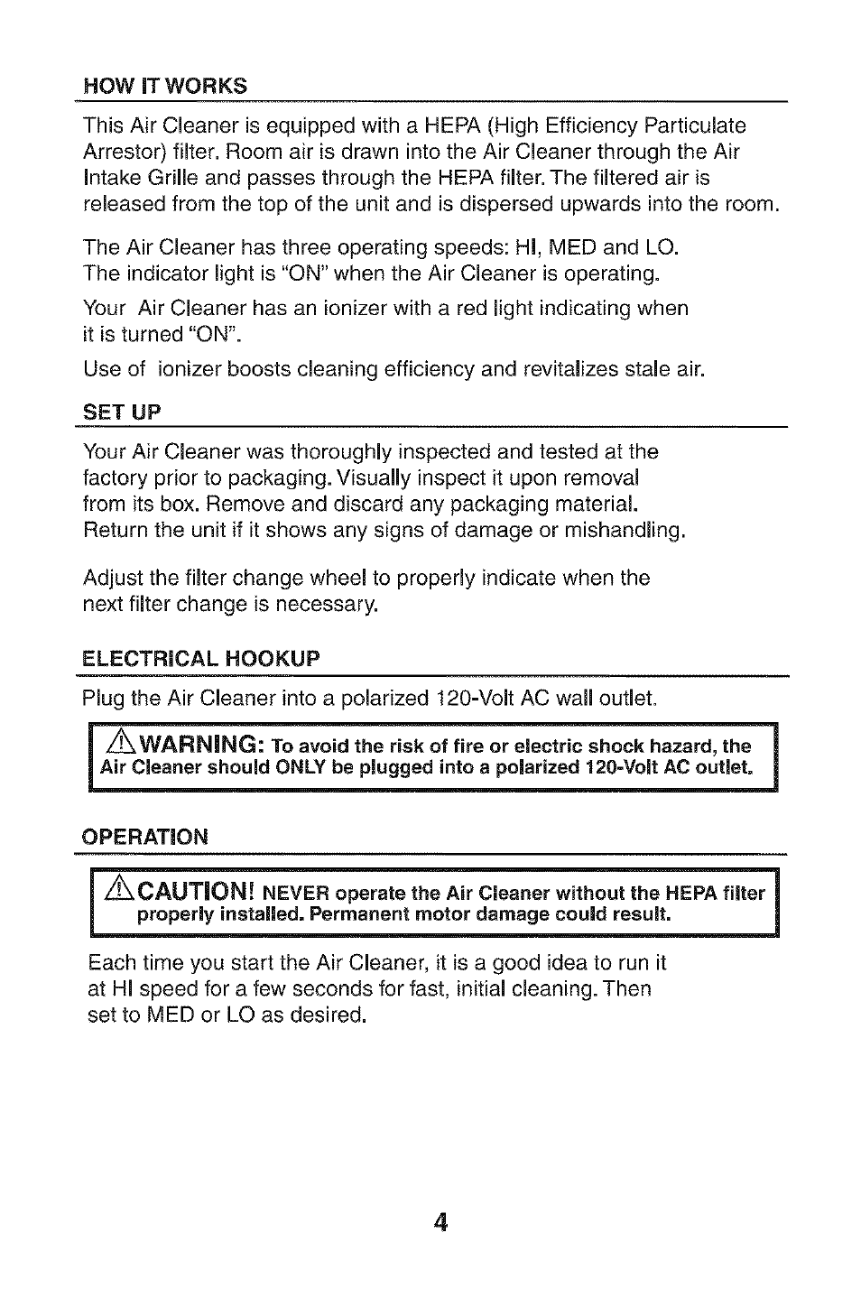 Electrical hookup, Operation, Arning | A.caution, Filter | Kenmore 85244 User Manual | Page 4 / 8