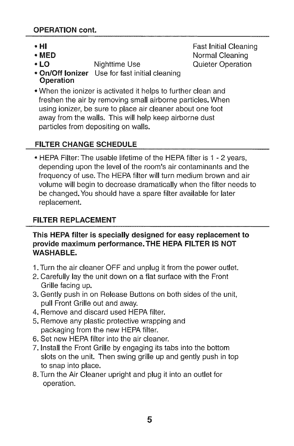 Filter change schedule, Filter replacement, Washable | Fiepa | Kenmore 85244 User Manual | Page 5 / 8