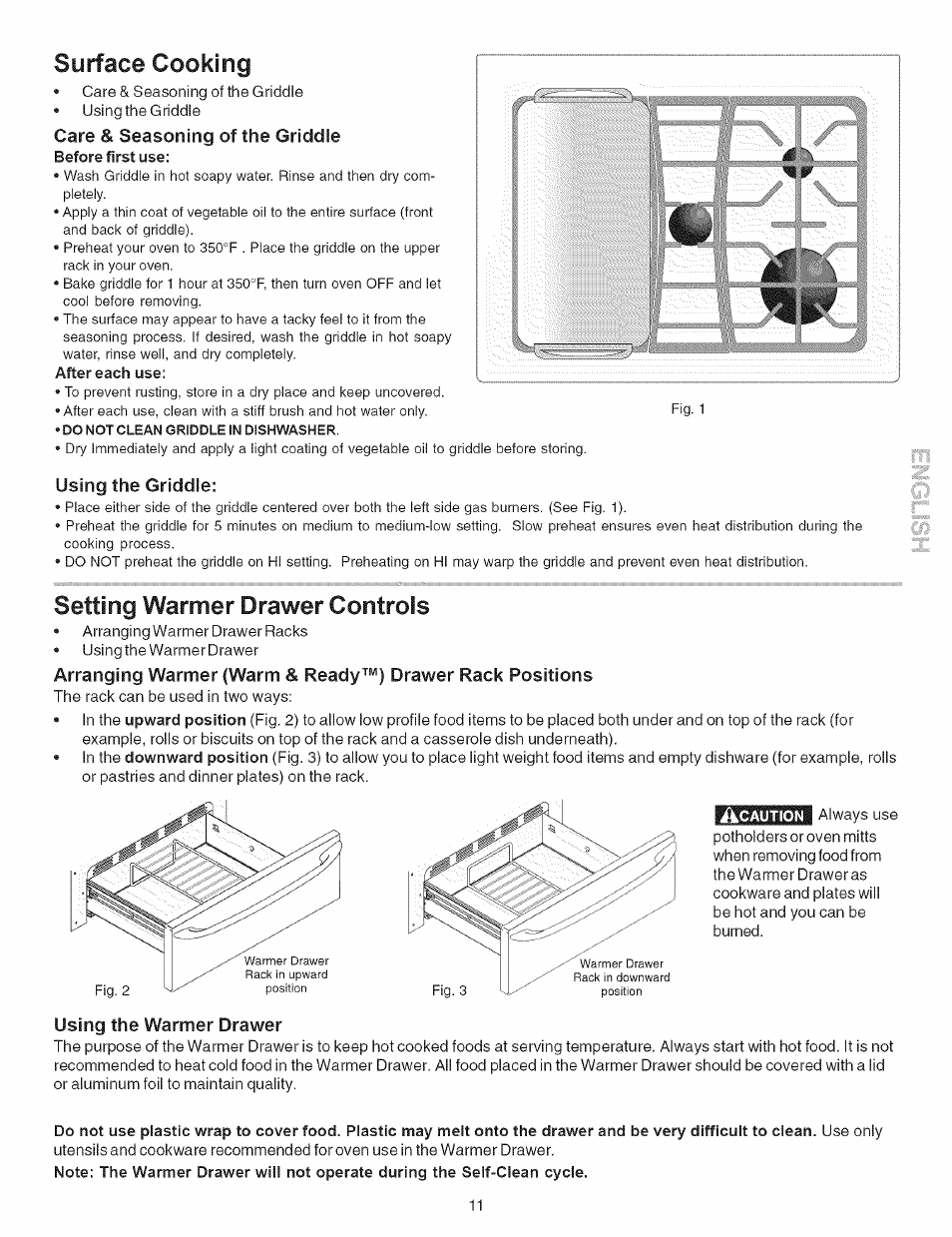 Surface cooking, Care & seasoning of the griddle, Using the griddle | Using the warmer drawer, Setting, Drawer controls, Warmer | Kenmore 790.7946 User Manual | Page 11 / 40