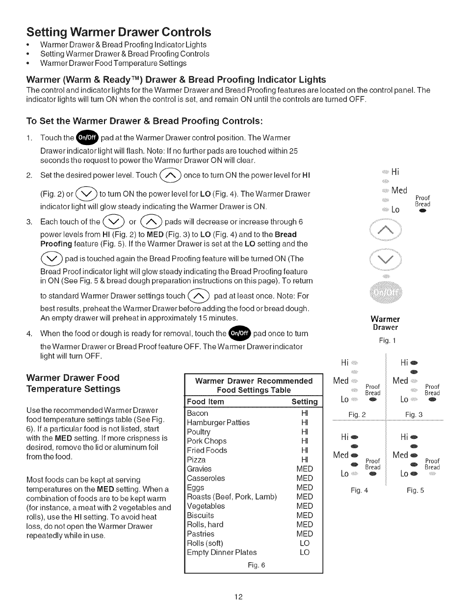 Setting warmer drawer controls, To set the warmer drawer & bread proofing controls, Warmer drawer food temperature settings | Bread proofing controls | Kenmore 790.7946 User Manual | Page 12 / 40