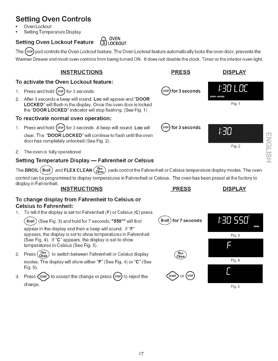 Setting oven controls, Instructions, To activate the oven lockout feature | To reactivate normal oven operation, Press, Stop) for 3 seconds, Display, Setting oven lockout feature, Instructions to activate the oven lockout feature, N ( nr | Kenmore 790.7946 User Manual | Page 17 / 40