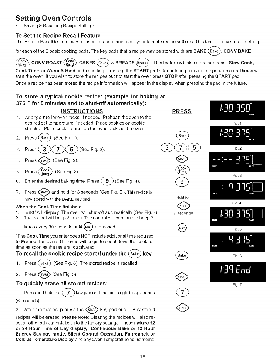 Instructions, Press, When the cook time finishes | To recall the cookie recipe stored under the key, To quickly erase all stored recipes, Cdd)cd, I_ _ _ i, 33 end, Setting oven, Qn j i r | Kenmore 790.7946 User Manual | Page 18 / 40