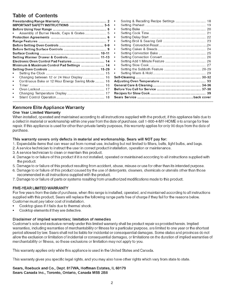 Kenmore 790.7946 User Manual | Page 2 / 40