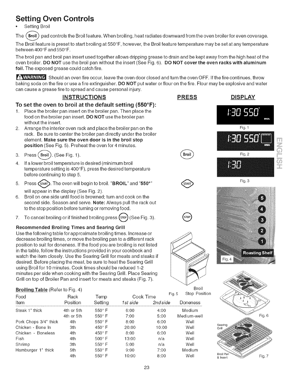 Instructions press display, Recommended broiling times and searing grill, Setting oven controls | Aiiin | Kenmore 790.7946 User Manual | Page 23 / 40