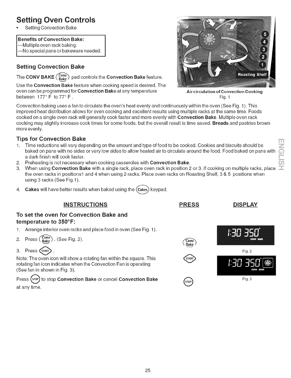 Benefits of convection bake, The conv bake, Setting convection bake | Tips for convection bake, Instructions, Press, Display, M bsd m, Setting oven controls | Kenmore 790.7946 User Manual | Page 25 / 40