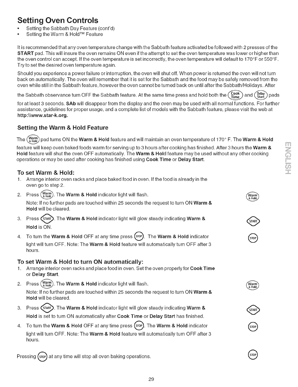 Setting the warm & hold feature, To set warm & hold, To set warm & hold to turn on automatically | Setting the sabbath feature -29, Setting oven controls | Kenmore 790.7946 User Manual | Page 29 / 40