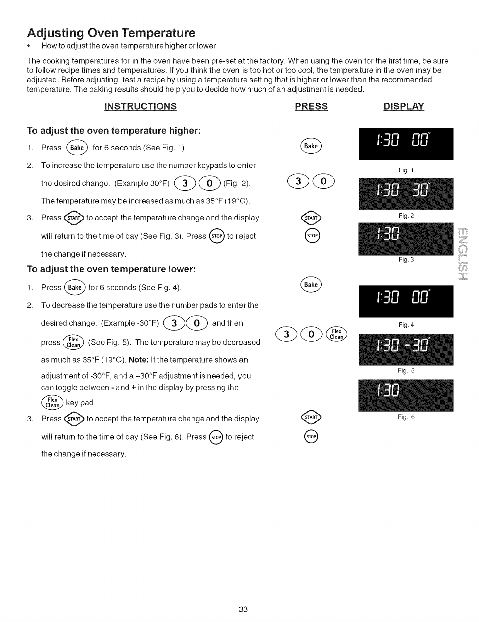 Adjusting oven temperature, Instructions, To adjust the oven temperature higher | To adjust the oven temperature lower, Press, Display, 30 ” 3s | Kenmore 790.7946 User Manual | Page 33 / 40