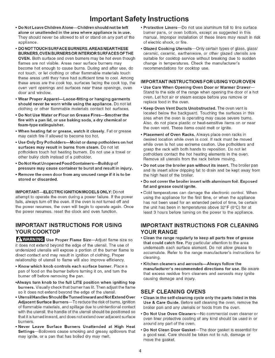 Important safety instructions, Important instru ctions for usingyour oven, Important instructions for using your cooktop | Important instructions for cleaning your range, Self cleaning ovens | Kenmore 790.7946 User Manual | Page 4 / 40