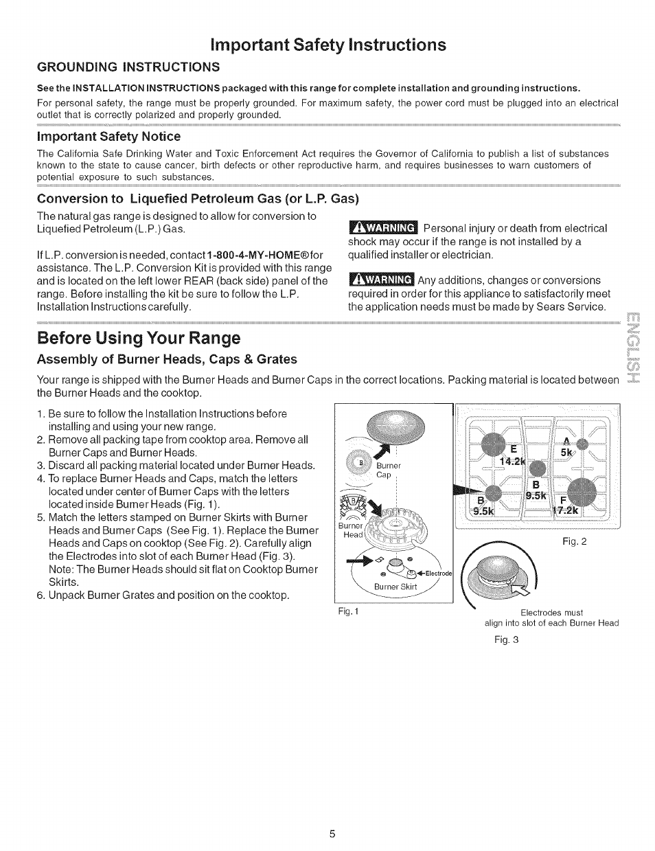 Important safety instructions, Important safety notice, Assembly of burner heads, caps & grates | Before using your range | Kenmore 790.7946 User Manual | Page 5 / 40