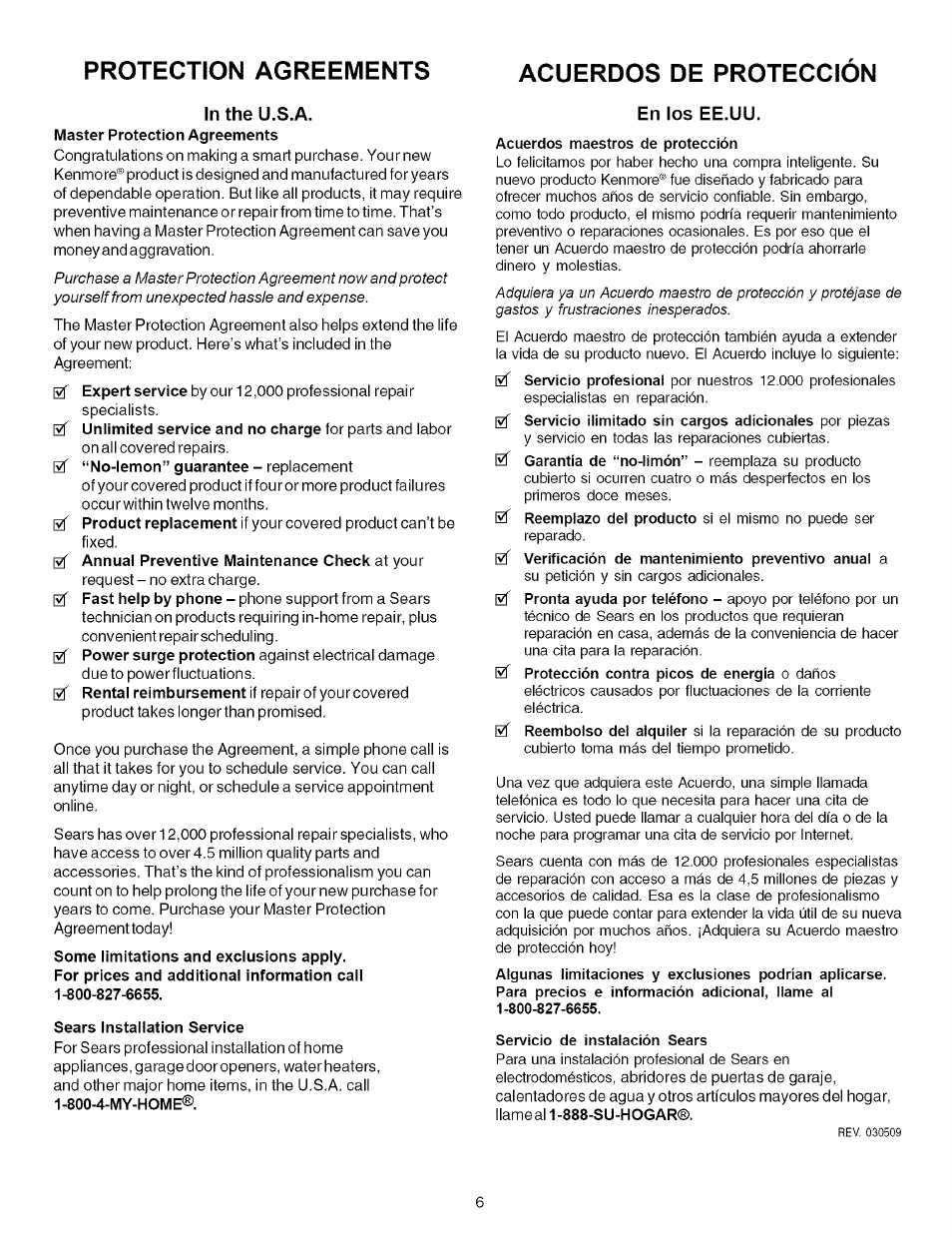 Protection agreements, Acuerdos de proteccion, In the u.s.a | En los ee.uu, Protection agreements acuerdos de proteccion | Kenmore 790.7946 User Manual | Page 6 / 40