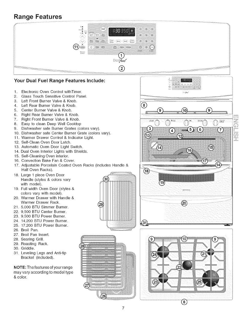 Range features, Your dual fuel range features include | Kenmore 790.7946 User Manual | Page 7 / 40