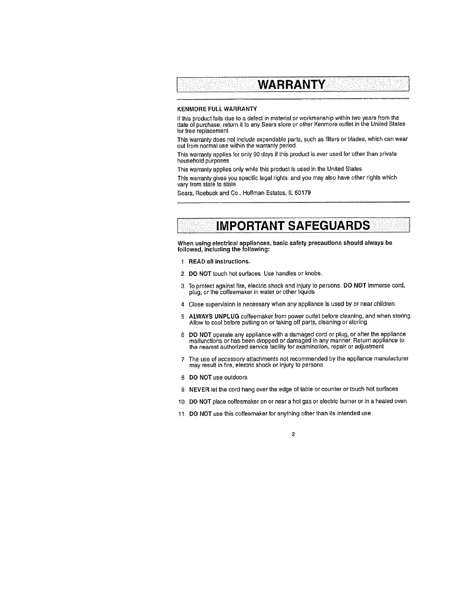 Warranty, Important safeguards | Kenmore 100.81006 User Manual | Page 2 / 10