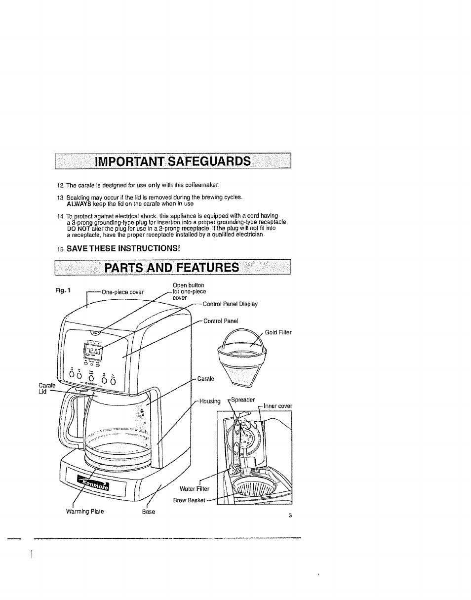 I5.savethese instructions, Important safeguards, Parts and peatures | Kenmore 100.81006 User Manual | Page 3 / 10
