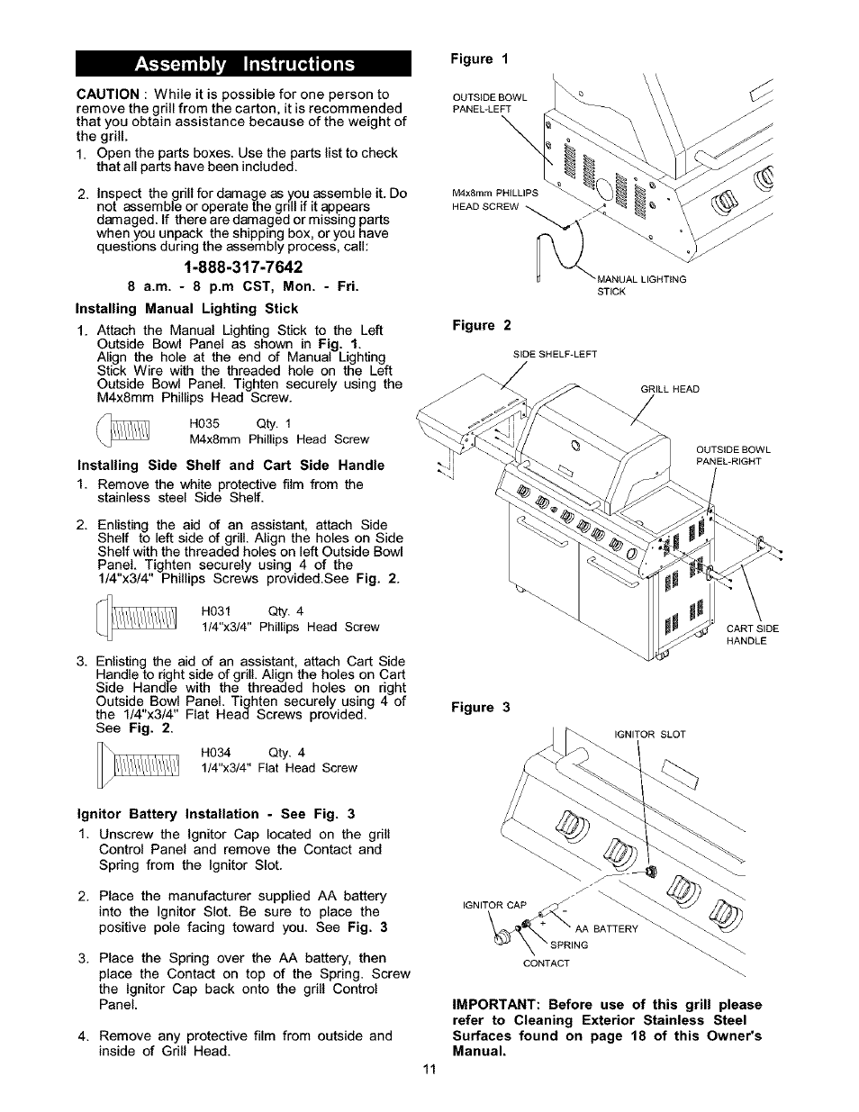 Assembly instructions, Ignitor battery instaiiation - see fig. 3 | Kenmore 141.166801 User Manual | Page 11 / 34