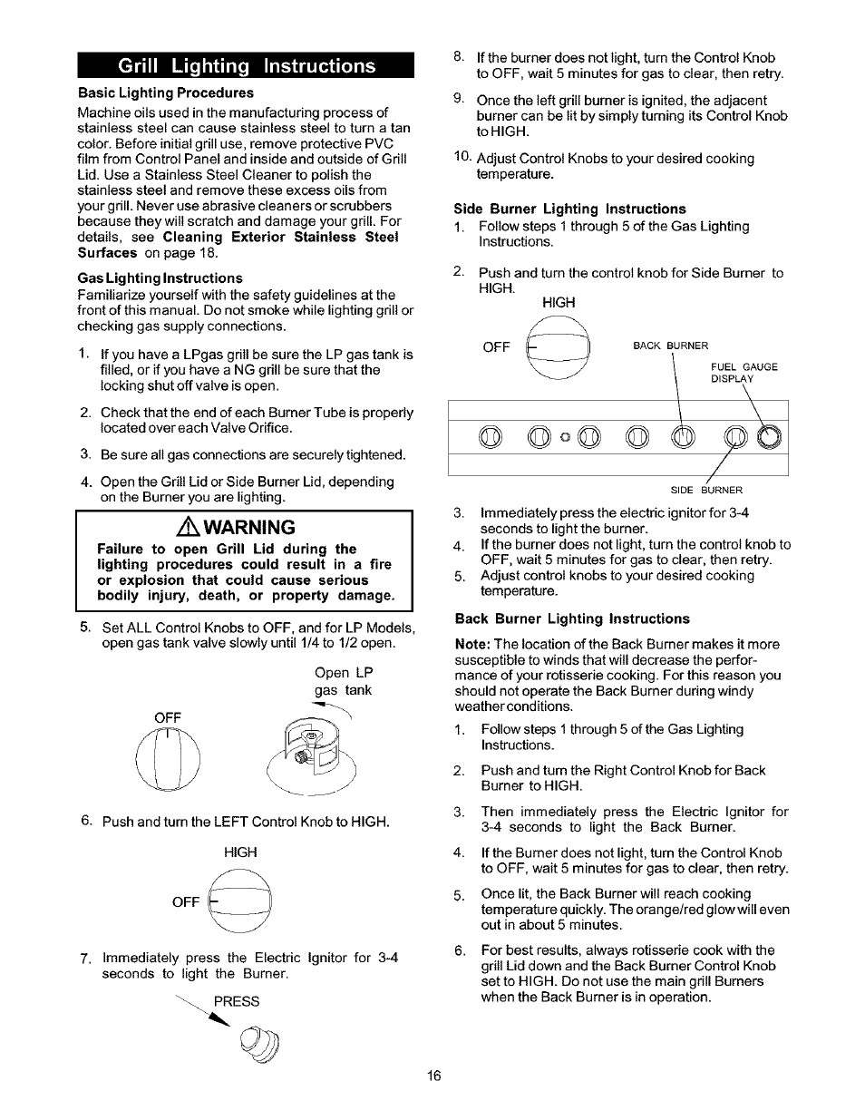 Grill lighting instructions, Side burner lighting instructions, Back burner lighting instructions | Warning | Kenmore 141.166801 User Manual | Page 16 / 34