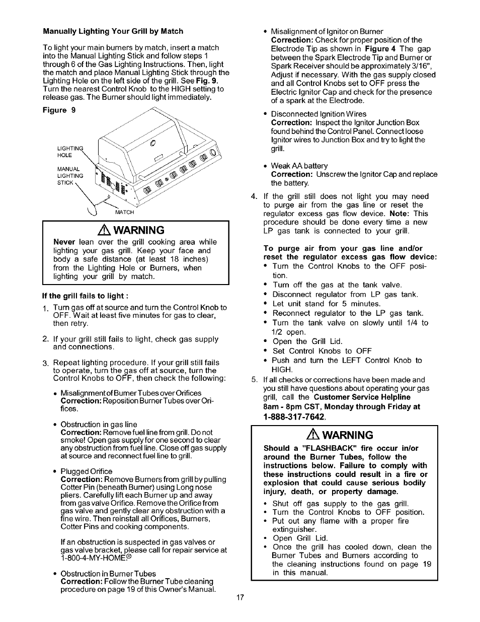 If the grill fails to light, Warning | Kenmore 141.166801 User Manual | Page 17 / 34