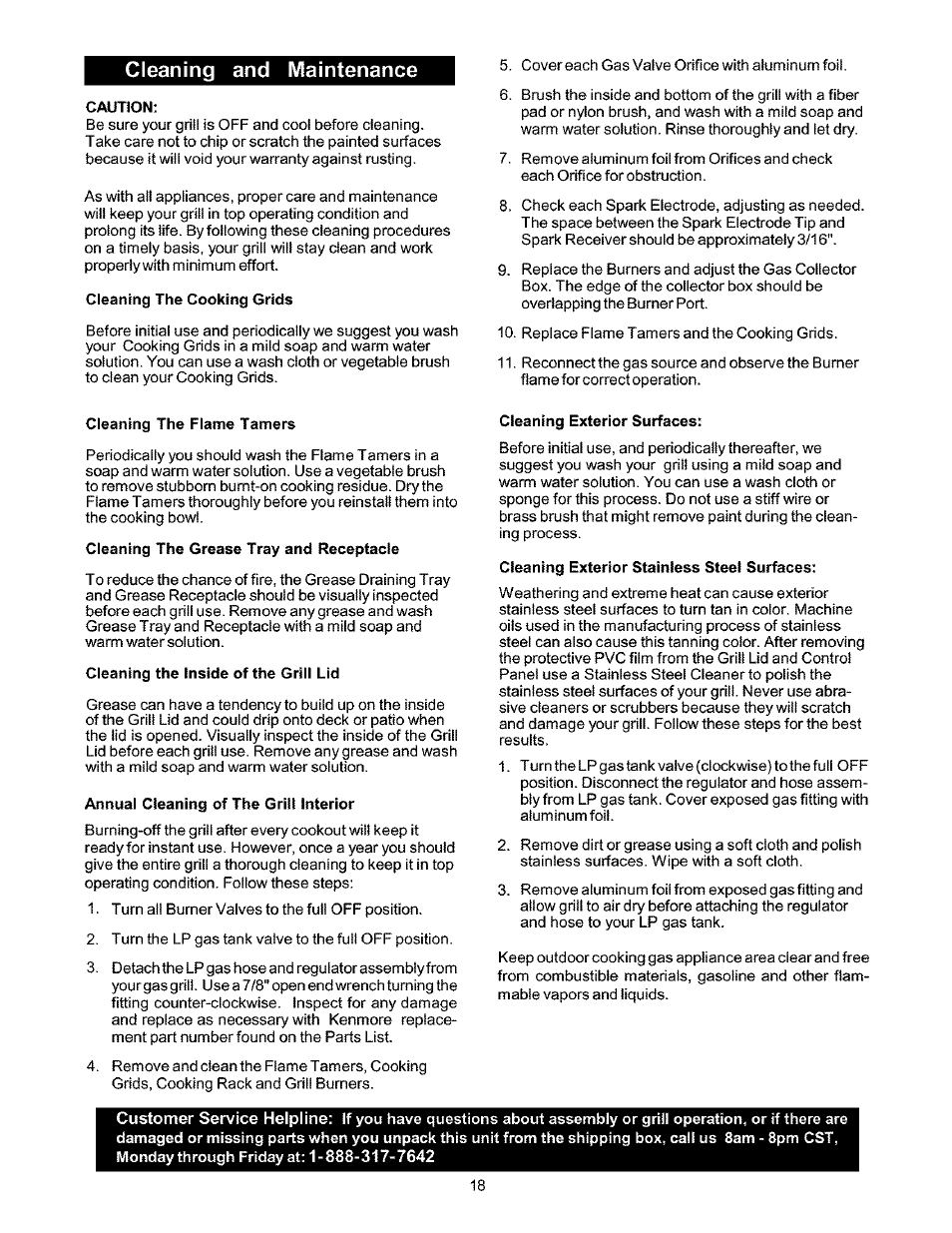 Cleaning and maintenance, Caution, Cleaning the cooking grids | Cleaning the flame tamers, Cleaning the grease tray and receptacle, Cleaning the inside of the grill lid, Annual cleaning of the griii interior, Cleaning exterior surfaces, Cleaning exterior stainless steel surfaces | Kenmore 141.166801 User Manual | Page 18 / 34