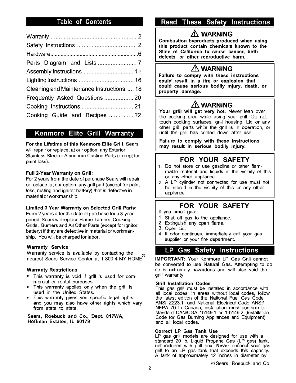 Kenmore elite grill warranty, Full 2-year warranty on grill, Limited 3 year warranty on selected grill parts | Warranty service, Warranty restrictions, Read these safety instructions, Warning, For your safety, Lp gas safety instructions, Grill installation codes | Kenmore 141.166801 User Manual | Page 2 / 34