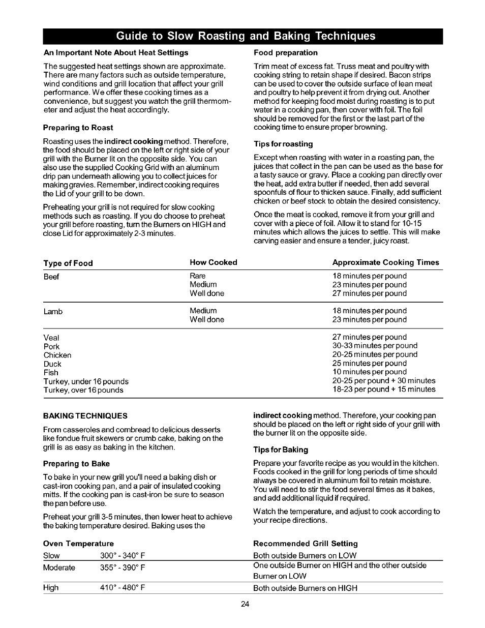 Guide to slow roasting and baking techniques, An important note about heat settings, Preparing to roast | Food preparation, Tips for roasting, Baking techniques, Preparing to bake, Tips for baking | Kenmore 141.166801 User Manual | Page 24 / 34