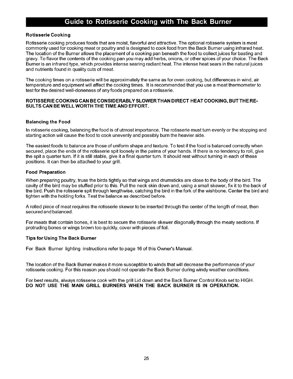 Guide to rôtisserie cooking with the back burner, Rôtisserie cooking, Balancing the food | Food preparation, Tips for using the back burner | Kenmore 141.166801 User Manual | Page 25 / 34