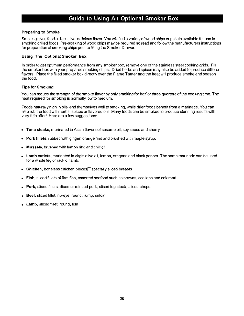 Guide to using an optional smoker box, Preparing to smoke, Using the optional smoker box | Tips for smoking | Kenmore 141.166801 User Manual | Page 26 / 34