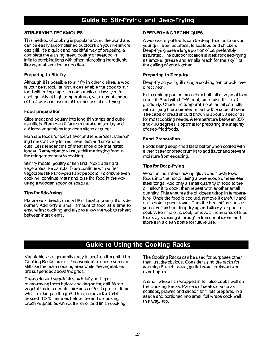 Guide to stir-frying and deep-frying, Stir-frying techniques, Preparing to stir-fry | Food preparation, Tips for stir-frying, Preparing to deep-fry, Tips for deep-frying, Guide to using the cooking racks | Kenmore 141.166801 User Manual | Page 27 / 34