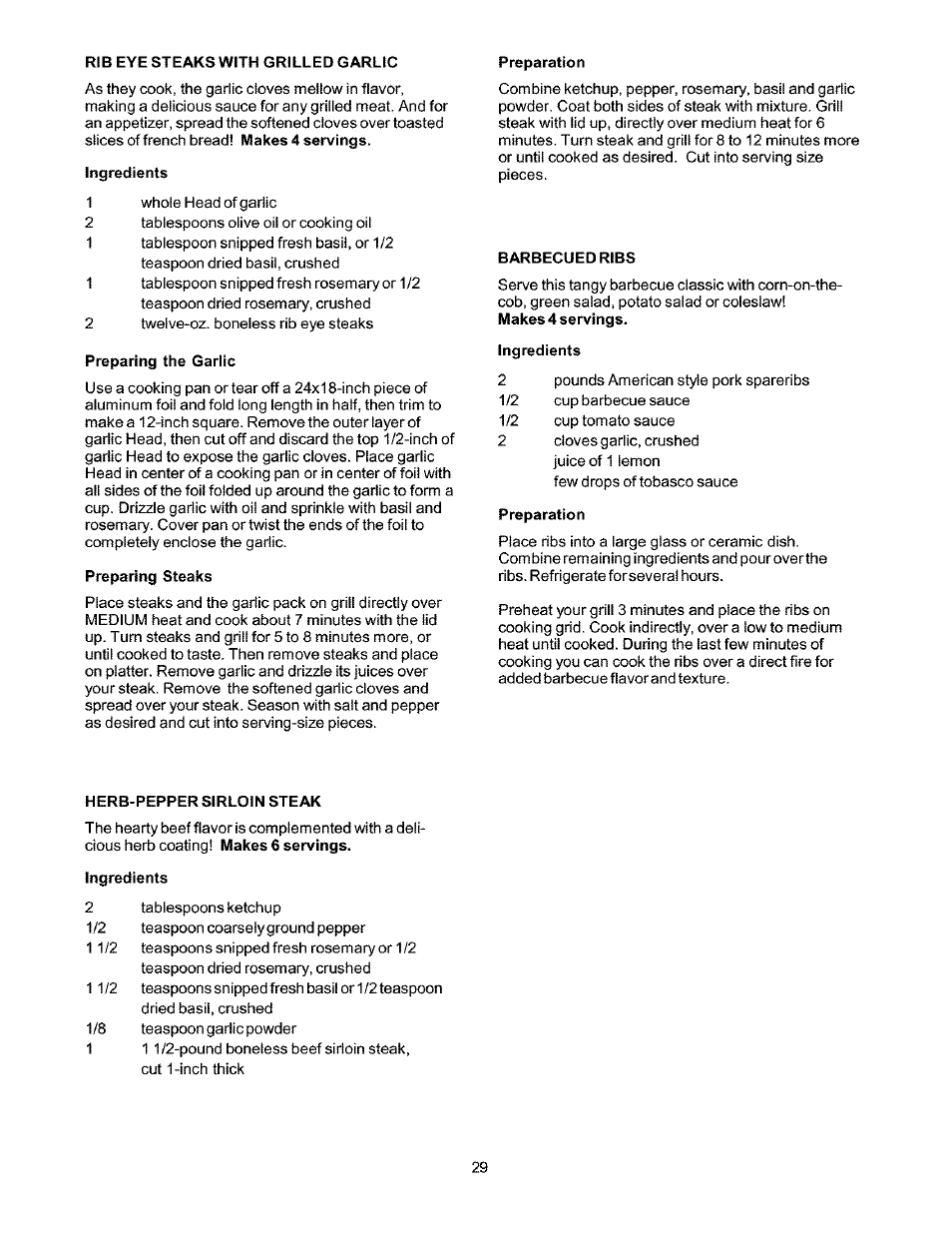 Ingredients, Preparing the gariic, Preparing steaks | Barbecued ribs, Preparation, Herb-pepper sirloin steak | Kenmore 141.166801 User Manual | Page 29 / 34