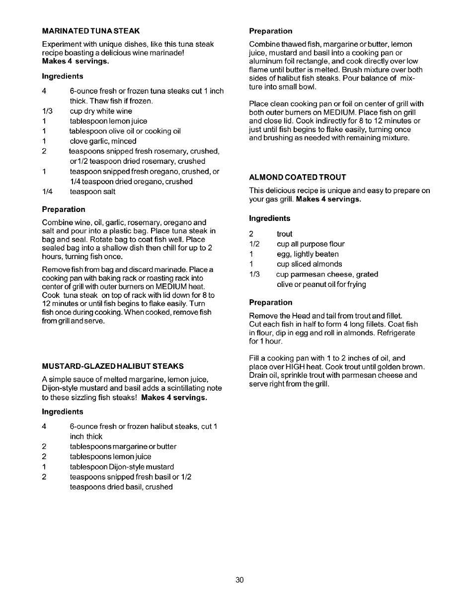 Ingredients, Preparation, Almond coated trout | Mustard-glazed halibut steaks | Kenmore 141.166801 User Manual | Page 30 / 34