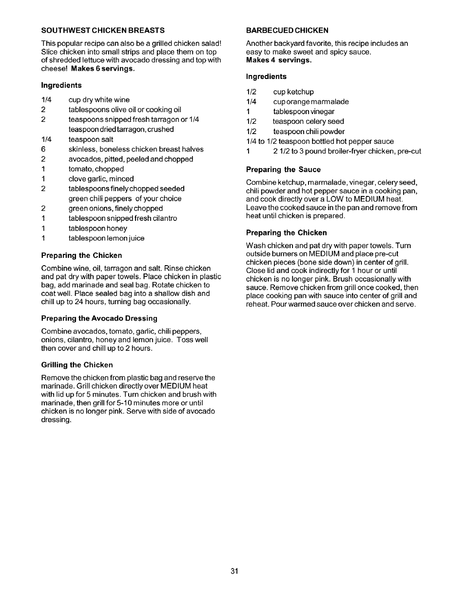 Southwest chicken breasts, Barbecued chicken, Ingredients | Preparing the chicken, Preparing the avocado dressing, Grilling the chicken, Preparing the sauce | Kenmore 141.166801 User Manual | Page 31 / 34