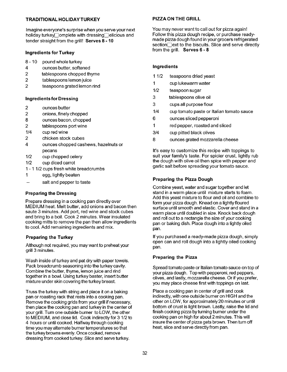 Traditional holiday turkey, Pizzaon the grill, Ingredients for turkey | Ingredients for dressing, Preparing the dressing, Preparing the turkey, Ingredients, Preparing the pizza dough, Preparing the pizza | Kenmore 141.166801 User Manual | Page 32 / 34