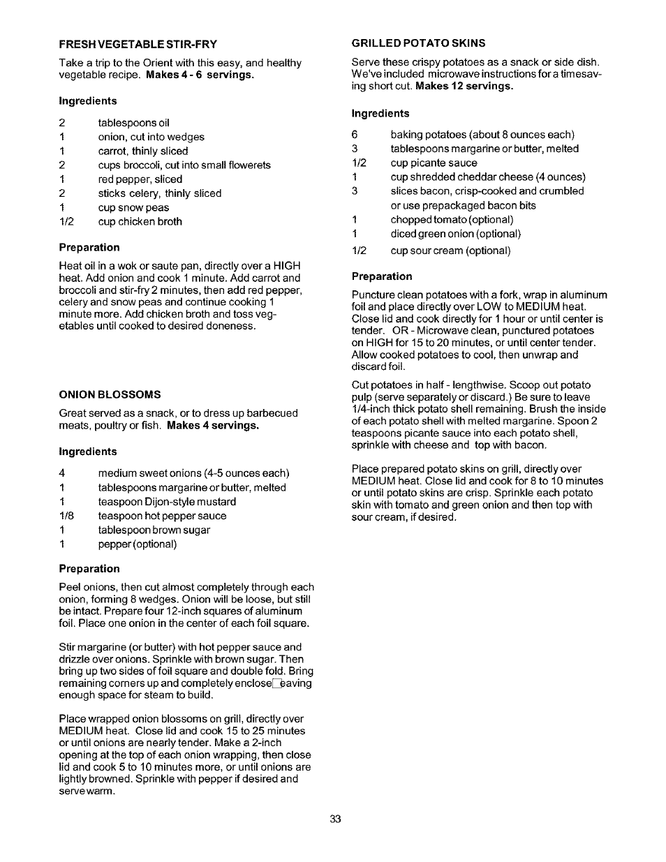 Fresh vegetable stir-fry, Grilled potato skins, Ingredients | Preparation, Onion blossoms | Kenmore 141.166801 User Manual | Page 33 / 34