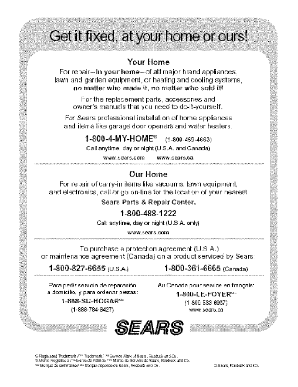 Get it fixed, at your home or ours, Il li, Y©yr home | Our home, М0м-3м1-sis5 pirb-da) | Kenmore 141.166801 User Manual | Page 34 / 34