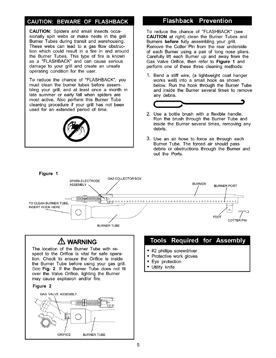 Caution: bevvare of flashback, Flashback prevention, Tools required for assembly | Warning | Kenmore 141.166801 User Manual | Page 5 / 34