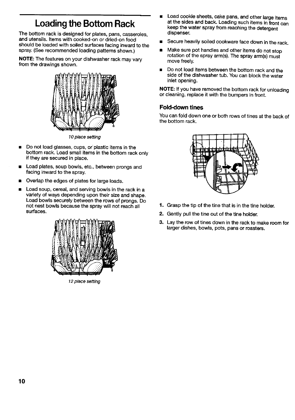 Loading the bottom rack, Fold-down tines | Kenmore 790.16777 User Manual | Page 10 / 23