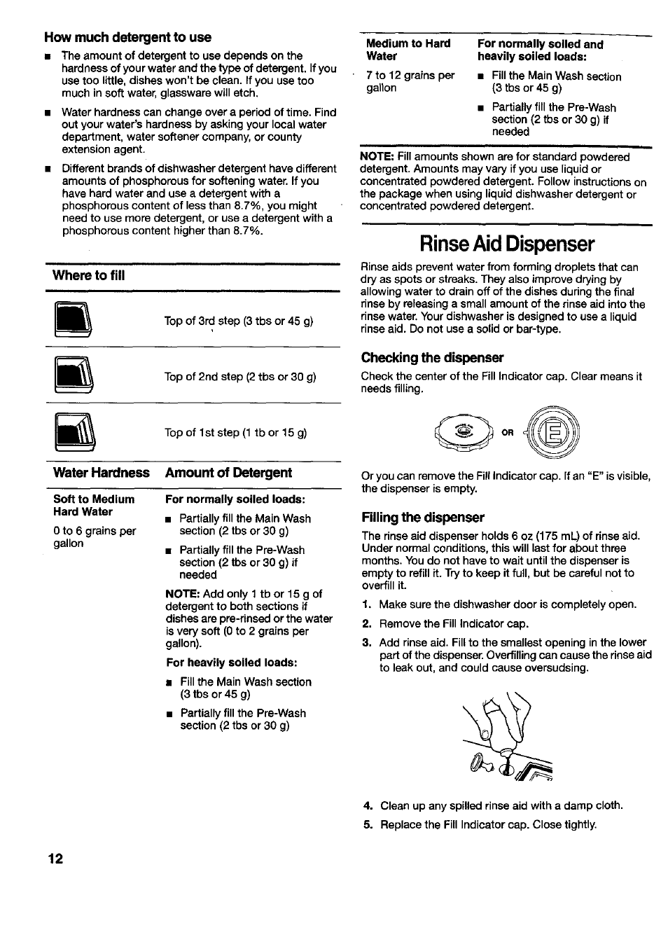 How much detergent to use, Where to fill, Water hardness amount of detergent | For normally soiled loads, Rinse aid dispenser, Checking the dispenser, Filling the dispenser | Kenmore 790.16777 User Manual | Page 12 / 23