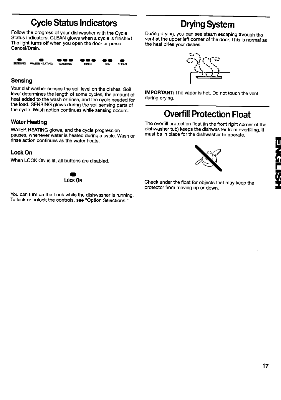 Cycle status indicators, Sensing, Water heating | Lock on, Drying system, Overfill protection roat | Kenmore 790.16777 User Manual | Page 17 / 23