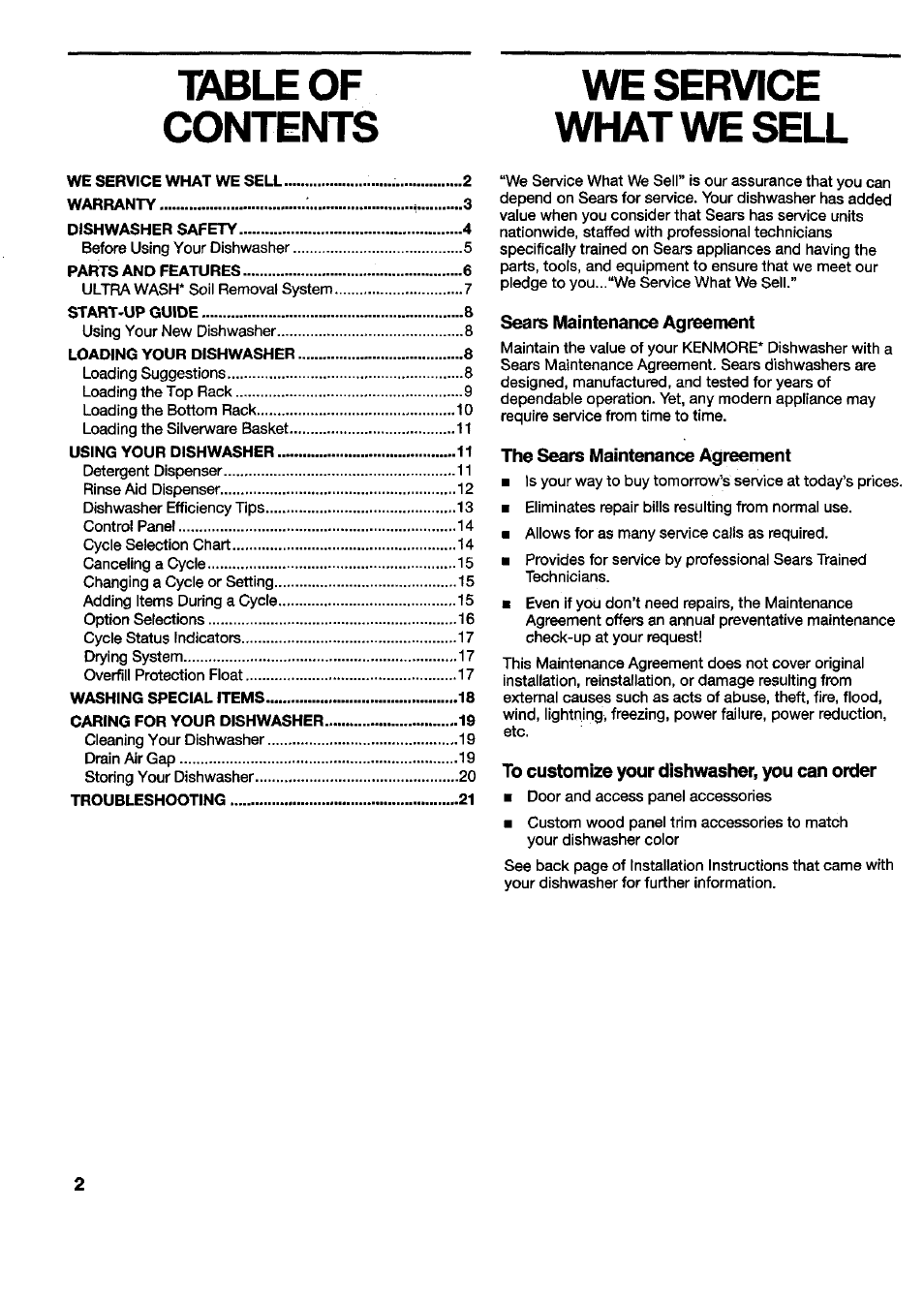 We service what we sell, Table of contents we service what we sell | Kenmore 790.16777 User Manual | Page 2 / 23