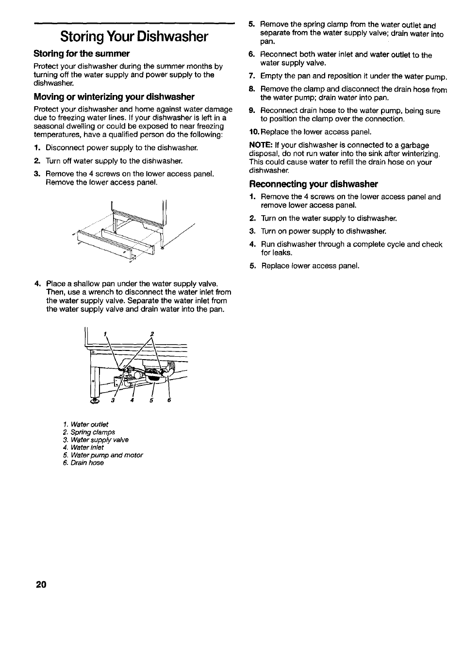 Storing your dishwasher, Storing for the summer, Moving or winterizing your dishwasher | Reconnecting your dishwasher | Kenmore 790.16777 User Manual | Page 20 / 23