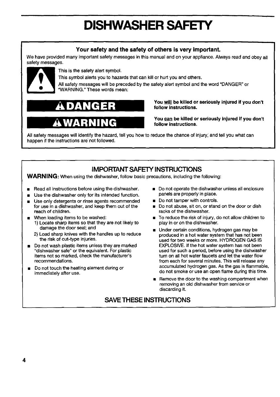 Dishwasher safety, Important safety instructions, Save these instructions | Adanger, Awarning | Kenmore 790.16777 User Manual | Page 4 / 23