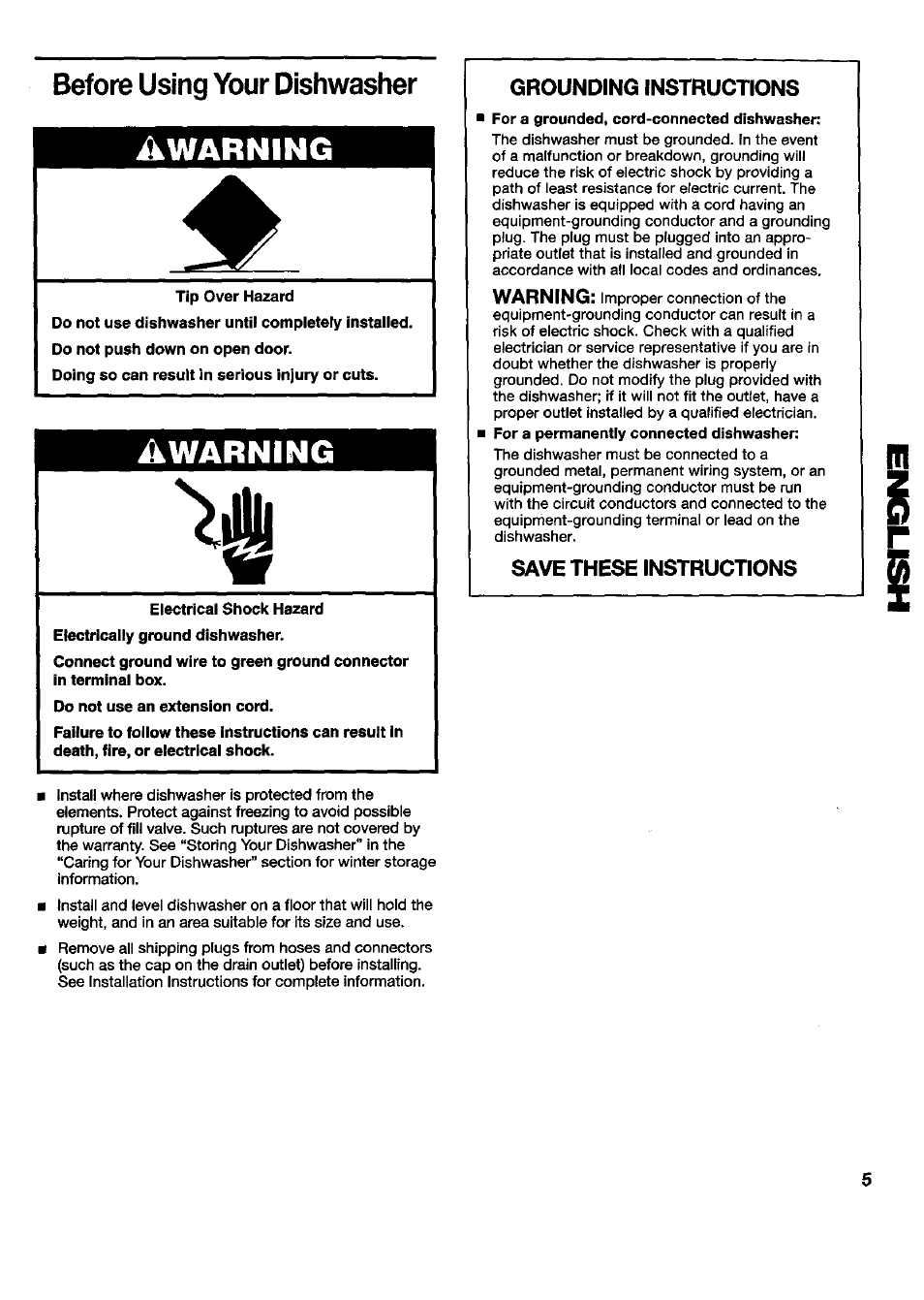 Before using your dishwasher, Tip over hazard, Electrical shock hazard | Do not use an extension cord, Grounding instructions, Save these instructions, Warning | Kenmore 790.16777 User Manual | Page 5 / 23