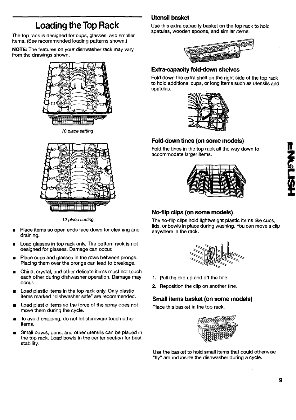 Loading the top rack, Utensil basket, Extra-capacity fold-down shelves | Fold-down tines (on some models), No-flip dips (on some models), Small items basket (on some models) | Kenmore 790.16777 User Manual | Page 9 / 23