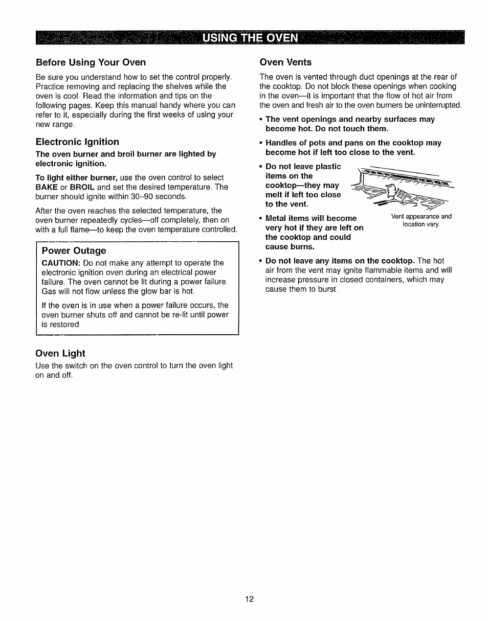 Before using your oven, Electronic ignition, Oven vents | Oven light, Using the oven | Kenmore 362.7562 User Manual | Page 12 / 50