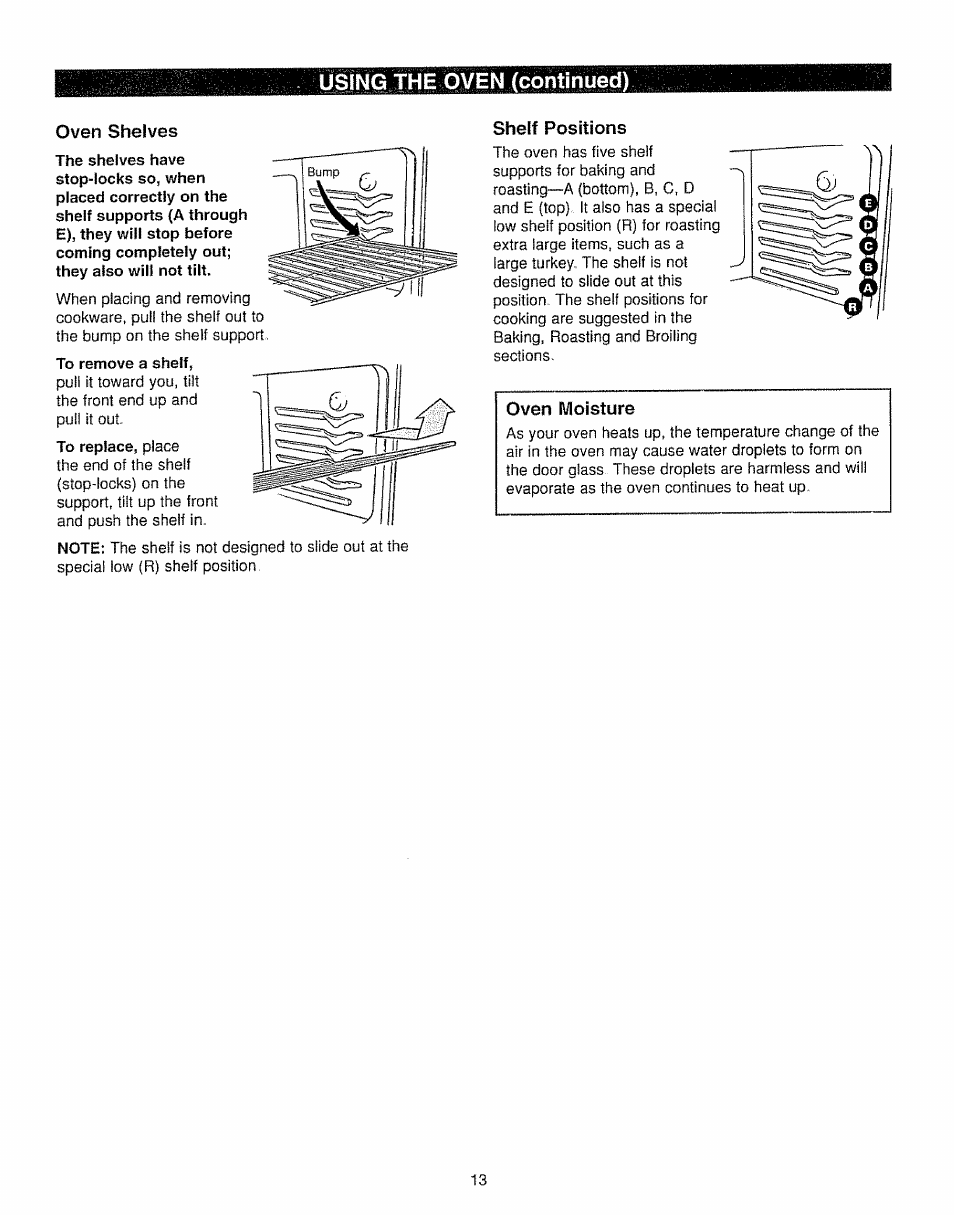 Oven shelves, Shelf positions, Using the oven (continued) | Kenmore 362.7562 User Manual | Page 13 / 50