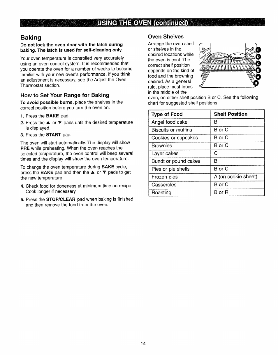 How to set your range for baking, Oven shelves, Using the oven (continued) baking | Kenmore 362.7562 User Manual | Page 14 / 50