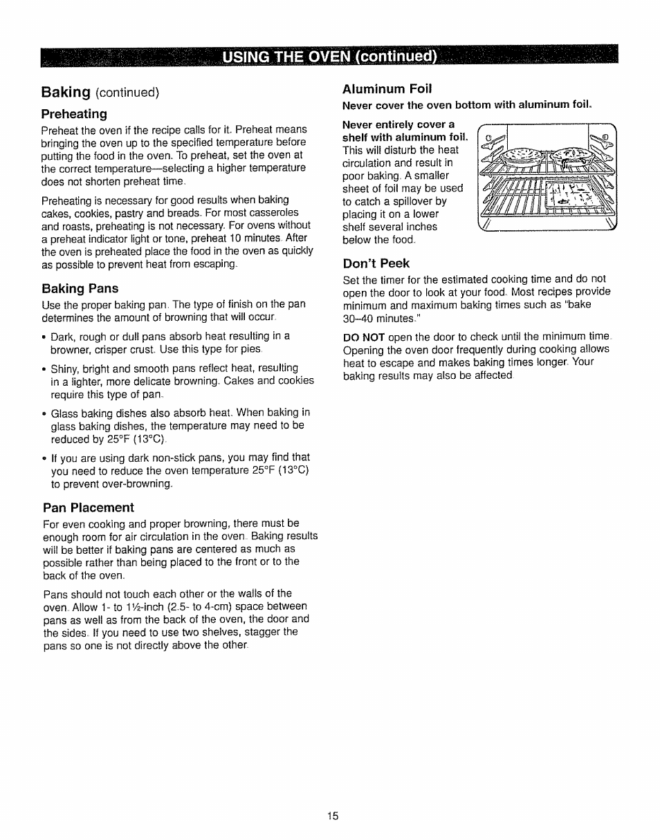 Preheating, Baking pans, Pan placement | Aluminum foil, Don’t peek, Using the oven (continued) baking | Kenmore 362.7562 User Manual | Page 15 / 50